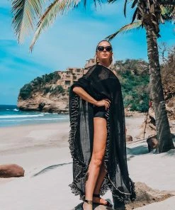Beachy Side Swim Black Kaftan With Gold Trim