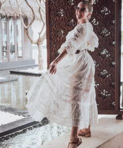 Waimari Dresses Button Up White Lace Maxi Dress