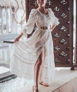 Waimari Dresses Button Up White Lace Maxi Dress