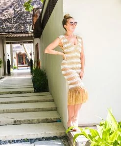 Beachy Side Gold And White Crochet Fringe Dress