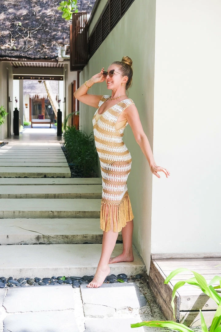 Beachy Side Gold And White Crochet Fringe Dress 5 Beachy Side Gold And White Crochet Fringe Dress