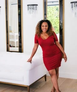 Samantha Eng Basics Red Ribbed V-Neck Tee