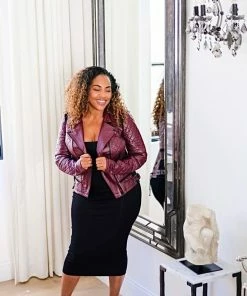 Blanc Noir Jackets Maroon Quilted Faux Leather Moto Jacket