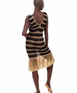 Beachy Side Black And Gold Crochet Fringe Dress Dresses