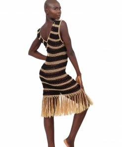 Beachy Side Black And Gold Crochet Fringe Dress Dresses