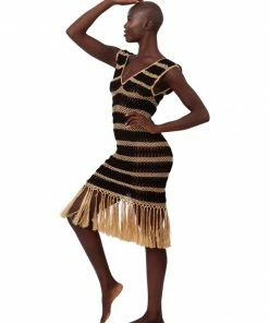 Beachy Side Black And Gold Crochet Fringe Dress Dresses