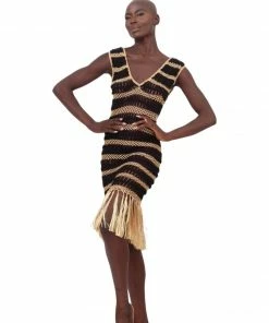 Beachy Side Black And Gold Crochet Fringe Dress Dresses