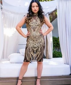 LeeLoo Couture Dresses Black And Gold Sheer Sequin Dress