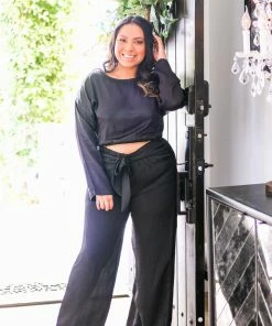 Tyche Black Hammered Satin Wide Leg Pants Bottoms