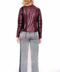 Blanc Noir Jackets Maroon Quilted Faux Leather Moto Jacket