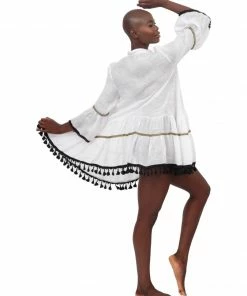 Pho White Linen Dress With Tassels