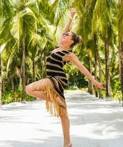 Beachy Side Black And Gold Crochet Fringe Dress Dresses