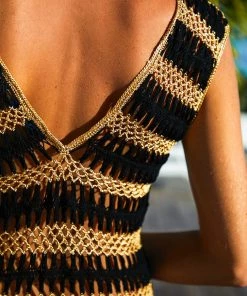 Beachy Side Black And Gold Crochet Fringe Dress Dresses