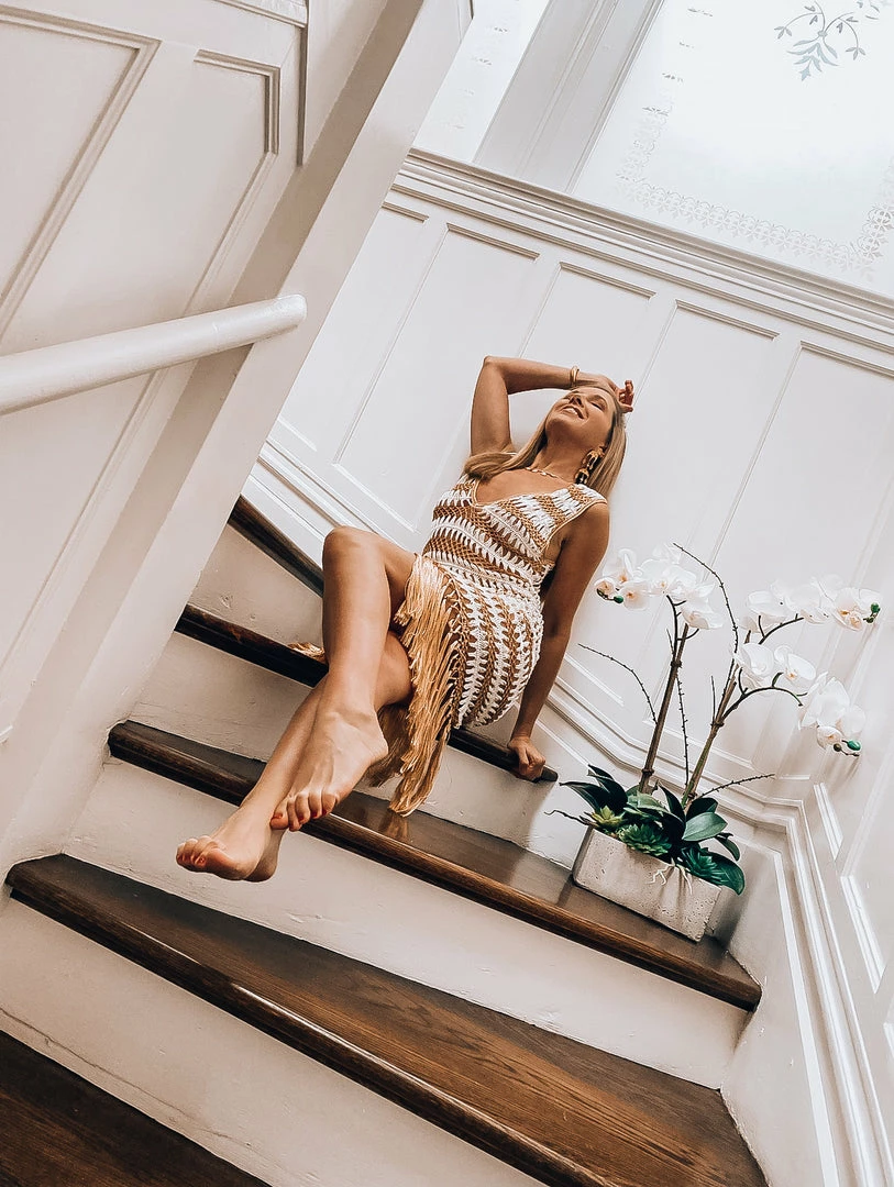 Beachy Side Gold And White Crochet Fringe Dress 8 Beachy Side Gold And White Crochet Fringe Dress