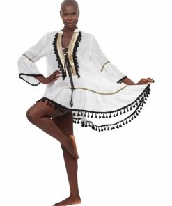 Pho White Linen Dress With Tassels