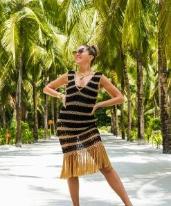 Beachy Side Black And Gold Crochet Fringe Dress Dresses