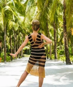 Beachy Side Black And Gold Crochet Fringe Dress Dresses