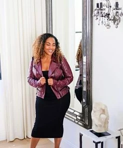 Blanc Noir Jackets Maroon Quilted Faux Leather Moto Jacket