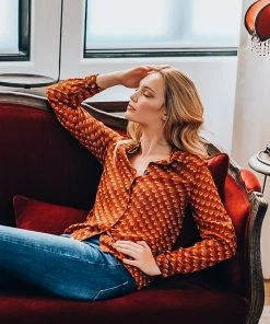 Q2 Camel Sheer Button Up Blouse Tops