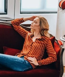 Q2 Camel Sheer Button Up Blouse Tops