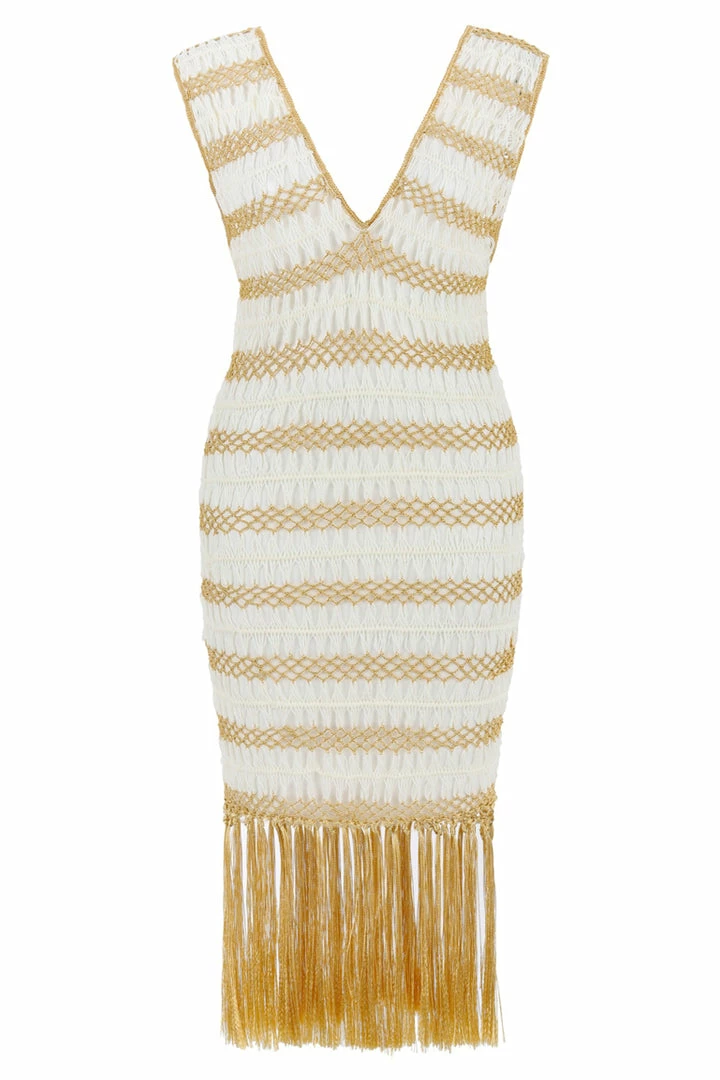 Beachy Side Gold And White Crochet Fringe Dress 12 Beachy Side Gold And White Crochet Fringe Dress