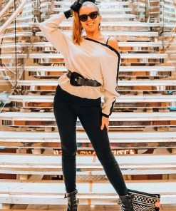 Blanc Noir Tops Ivory Striped Sleeve Sweater