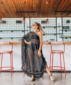 Beachy Side Swim Black Kaftan With Gold Trim