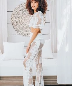 Waimari White Lace Leaf Palazzo Pant