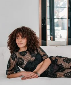 Waimari Tops Black Lace Leaf Crop Top