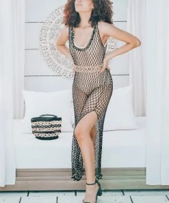 Beachy Side Maxi Beaded Net Cover Up Black