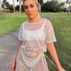 EastNWest Label White Crochet & Mirror T-Shirt Dress Tops