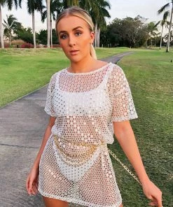 EastNWest Label White Crochet & Mirror T-Shirt Dress Tops