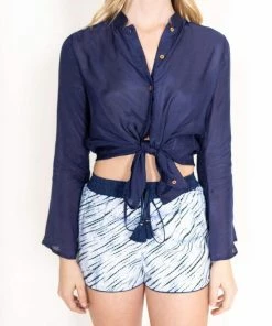 Rinku Piper Solid Silk Blouse Navy Tops