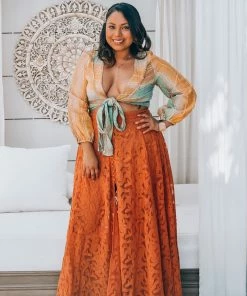 Z&L Coral Orange Button Up Lace Skirt